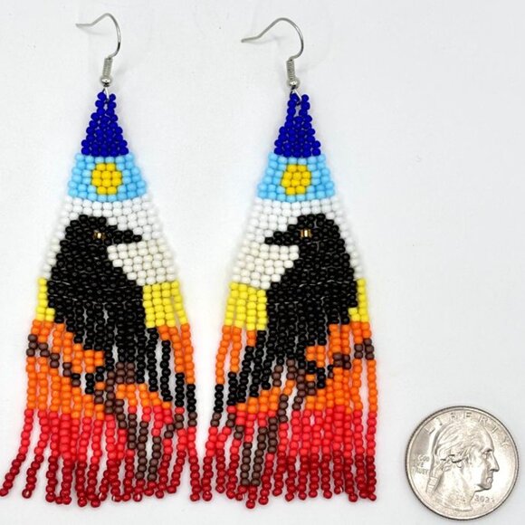 Native American-Inspired Black Ravens Crow Bird Hand Beaded Tassel Earrings New - Picture 4 of 4